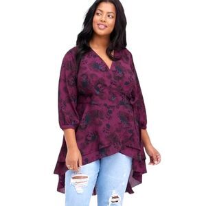 NWOT TORRID SKULLS Blue Rose Georgette Purple Wrap Tunic Tie Front Blouse.